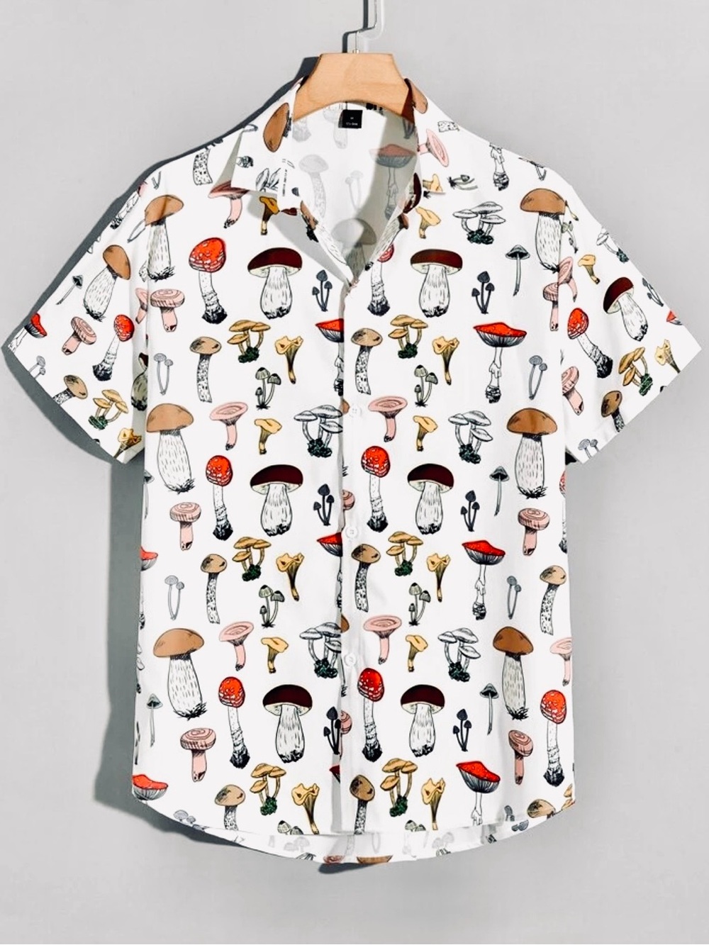 Romwe Fungi Mushrooms on White Camp Shirt Men XL Perfect Condition